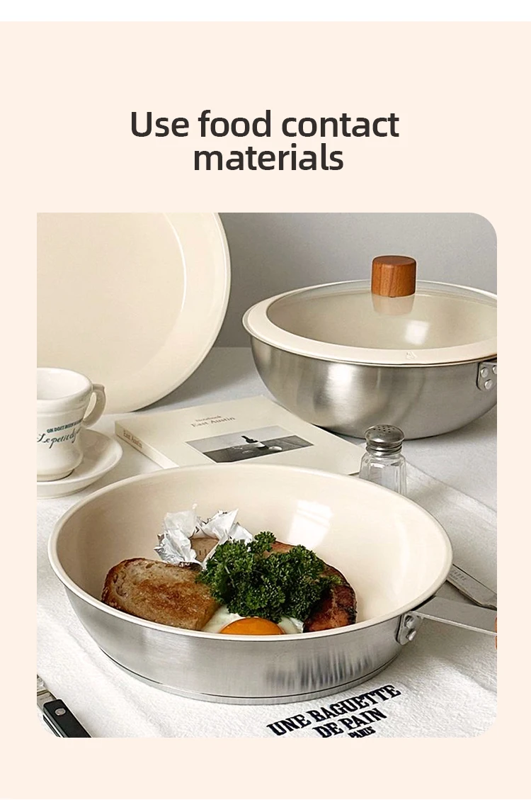 Custom Modern Kitchen Cream Three Layer Bottom Ceramic Glaze Paint Non Stick Stainless Steel 304 Frying Skillet Pan with Lid