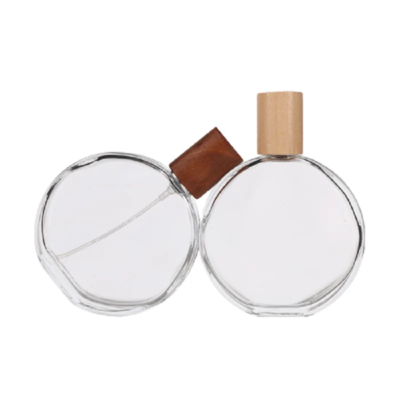 Flat Round 100ml Glass Perfume Bottle Clear Perfume Oil Bottles Bamboo Wood Lid Cosmetic Empty Perfume Bottle with Bayonet Cap