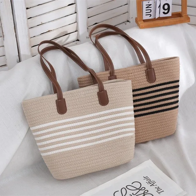 Open Striped Shoulder Cotton Rope Woven Large Capacity Casual Portable Tote Bag  or Storage Basket for Living Room