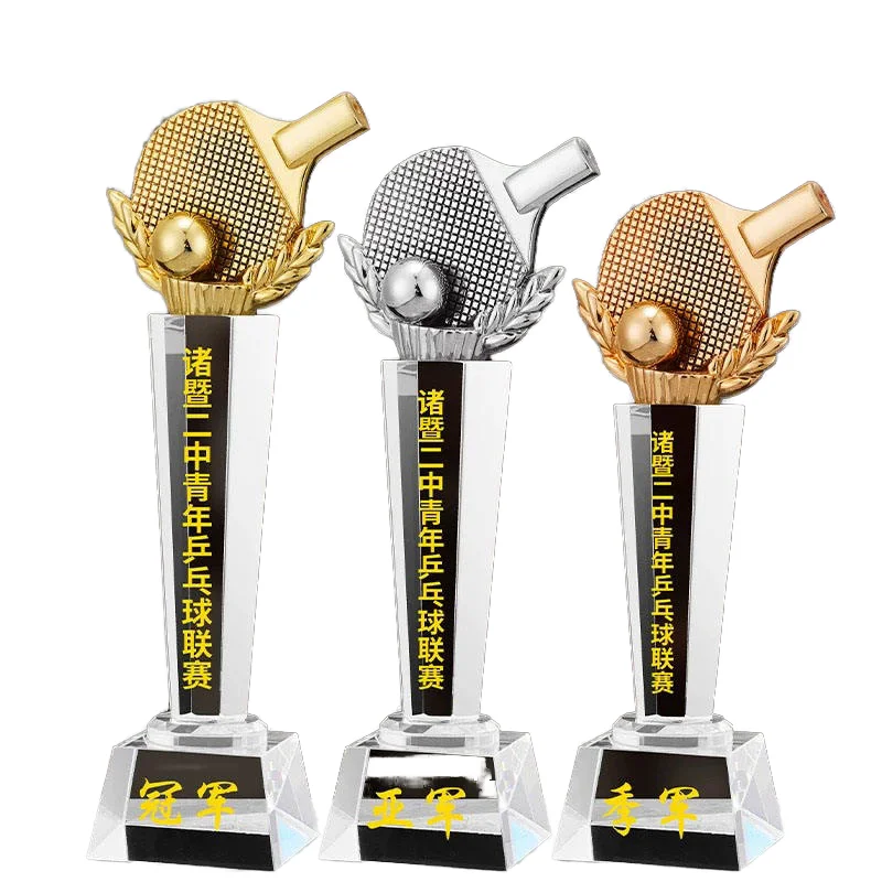 Best-Selling Customised Crystal Trophy Award Small Bridge Sports Table Tennis Ball Design Gold Silver Bronze Resin UV Glass