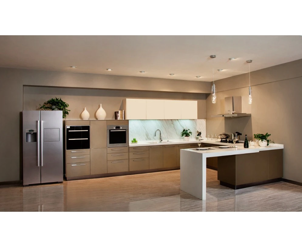 Modern Customized U Shape Wooden Waterfall Island Kitchen Cabinets