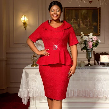 AM050134 Shawl Collar Short Sleeve Peplum with Belt Jacquard Elegant Red Midi Bodycon Women's Casual Dress
