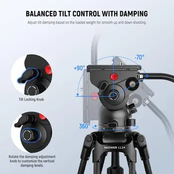 NEEWER LL34 78" Video Camera Tripod One Step Quick Release with Adjustable Damping Fluid Head, Heavy Duty Carbon Fiber Tripod detail image