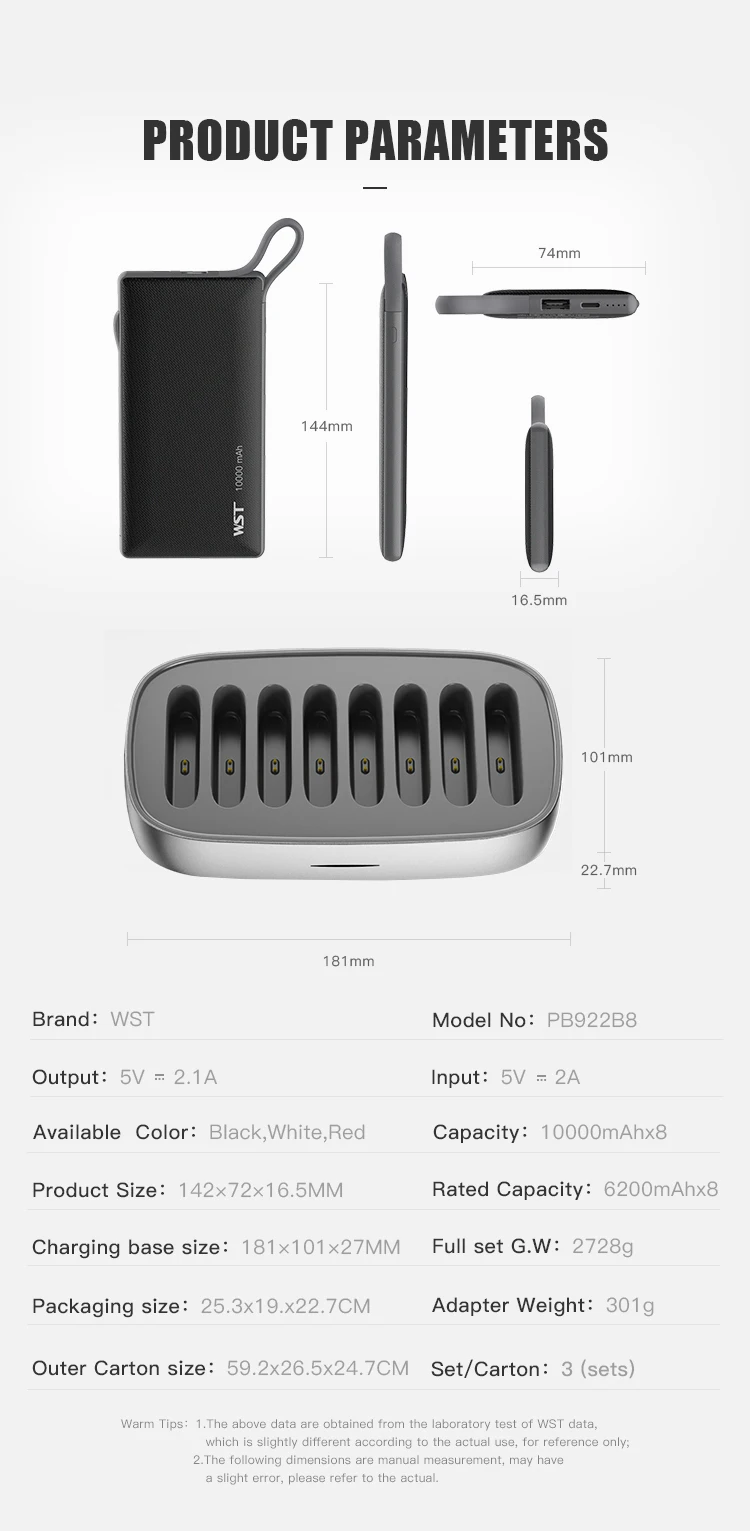 WST Public Sharing Power Bank Multi Power Bank Station 8 Pieces Universal Portable 10000mah Power Bank for Coffee Shop