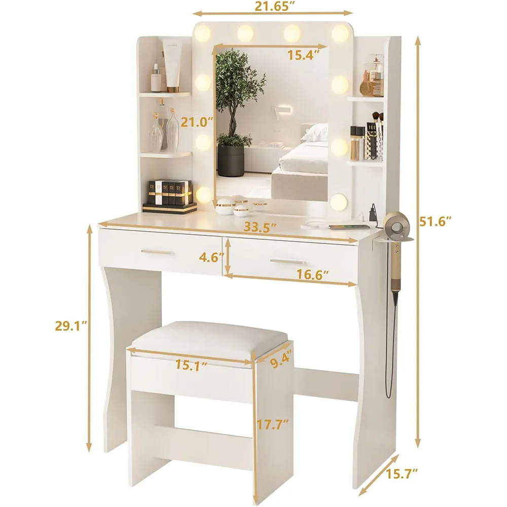 Modern Dressing Table with Light Mirror 2 Large Drawers Wood Makeup Vanity Desk with Adjustable Lighting LED for Bedroom