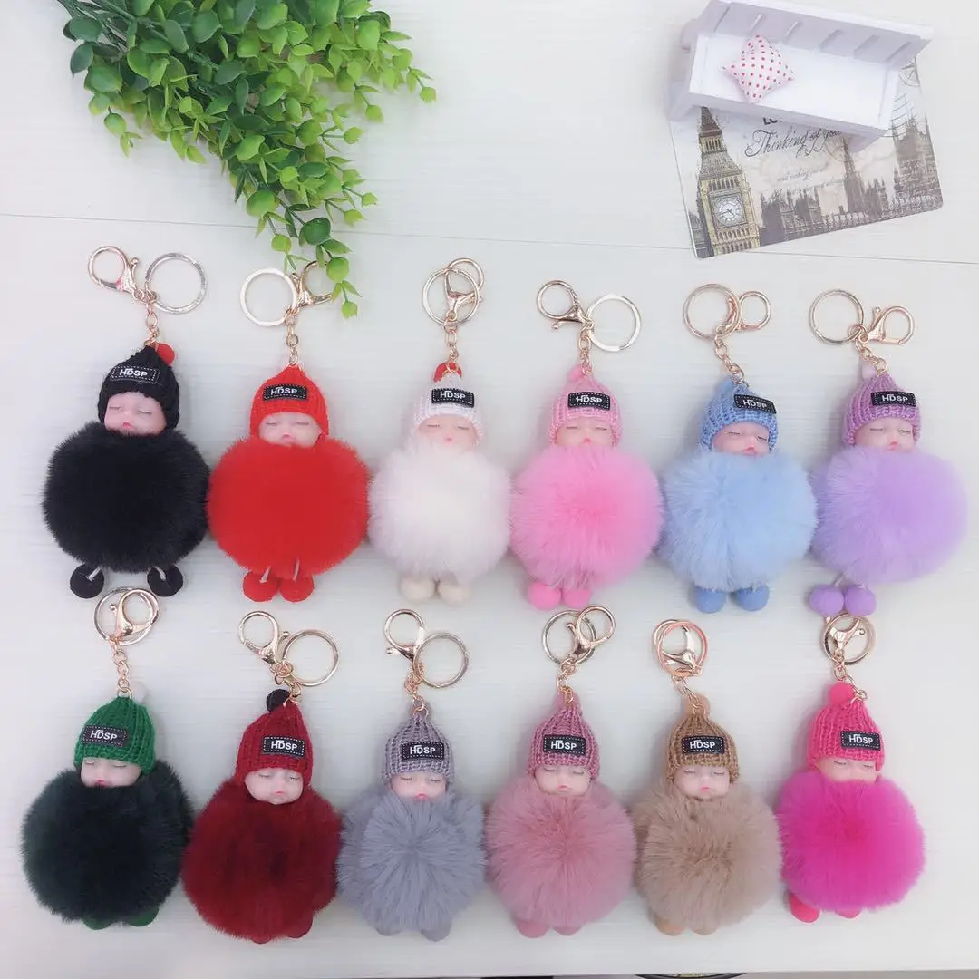 Дешевый Симпатичный хлопковый брелок для ключей с помпоном в виде спящего ребенка