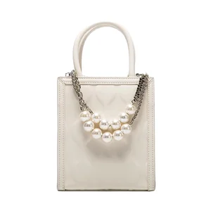 High-End Women's Fashionable Handbag Open Closure Pearl PU Material with Chain Decorations