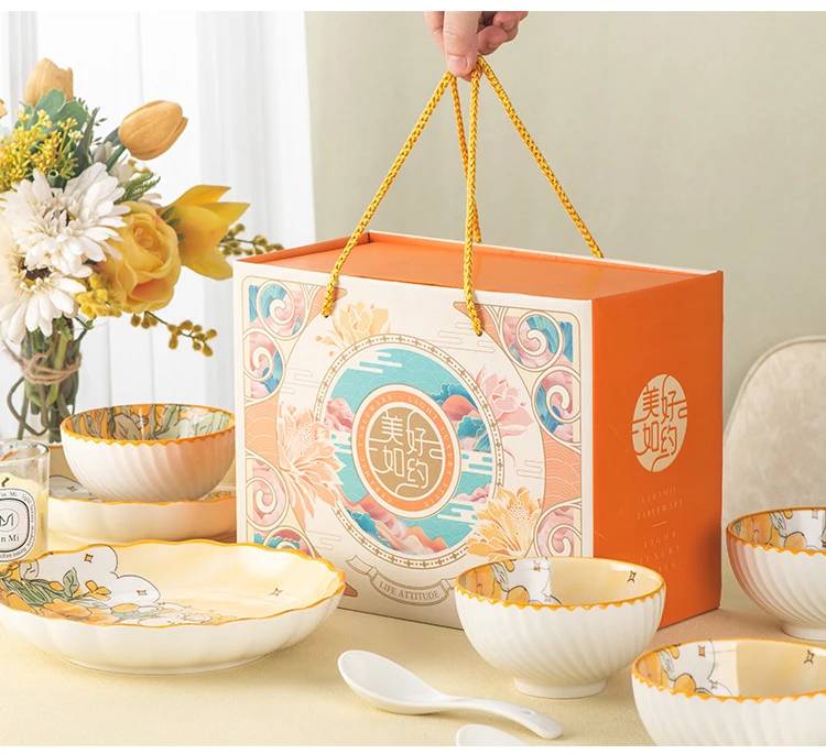 Rabbit Theme Ceramic Bowl Combination Set Household Durable Dinnerware Set Porcelain New Under Glaze Color Gift Cute Customized factory