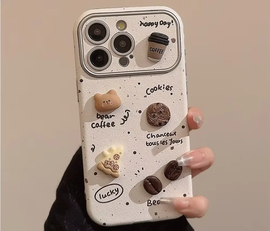 Splash-ink 3D Coffee Bear Handmade  Phone Cover Electroplated Frame Big Window Cell Phone Case for Iphone 16 15 14 13 12