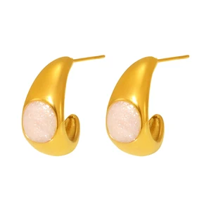YUKAM Fashion Jewelry Wholesale Stainless Steel Gold Plated Oil Drip C Shape Crescent Moon Pearl Drop Earrings for Women Girls