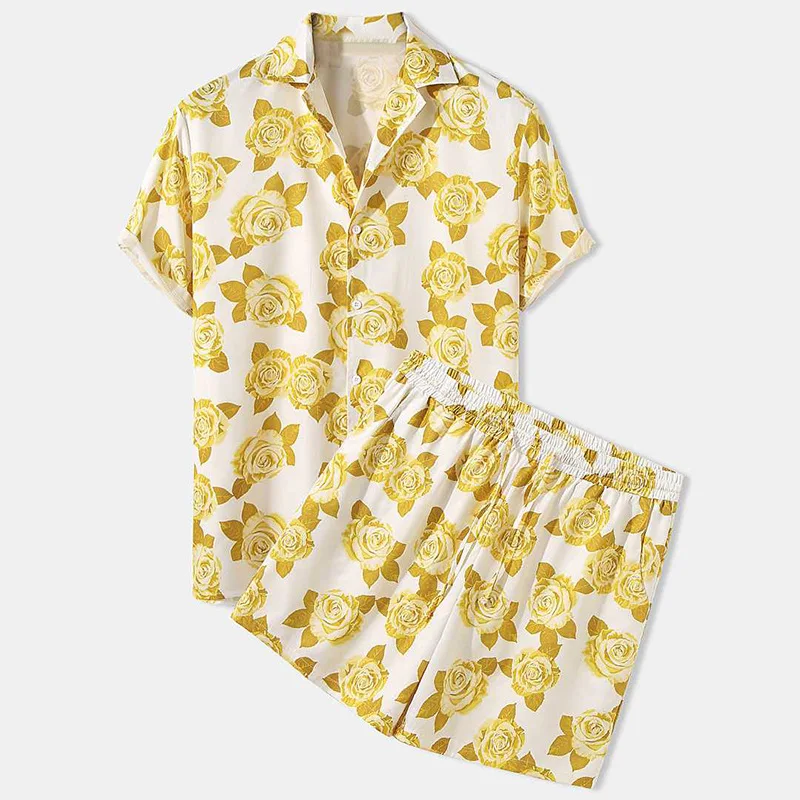 Summer 2024 Hawaiian Beach Style Print Men Fashion Vacation Shirt and Shorts Two Piece Set