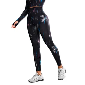 Customized Woman's Yoga Pants Seamless Painted Breathable High Waist High Elastic Tummy Control  Sports Tights Outwear Leggings