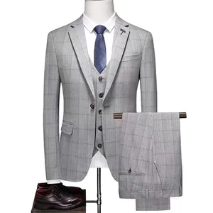 OEM Men's Blazer Grey Grid Italian Mens Suits 3 Piece Slim Fit Set for Men