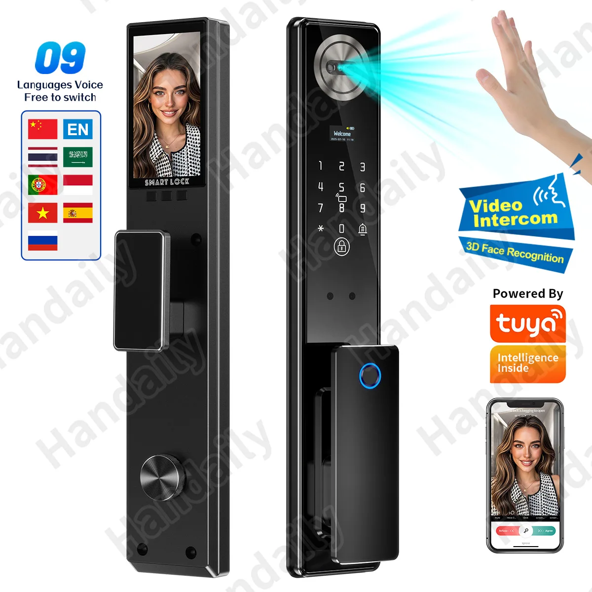 Handaily Palm Face Recognition Door Lock for Home Fingerprint Tuya App Remote Control Video Intercom Smart Lock Multi-Language C11