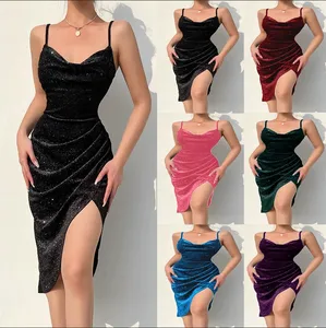 Plus Size Women's Dresses Sexy Velvet Backless Solid Color Glitter Slit Ruched Straps Mini Dress
