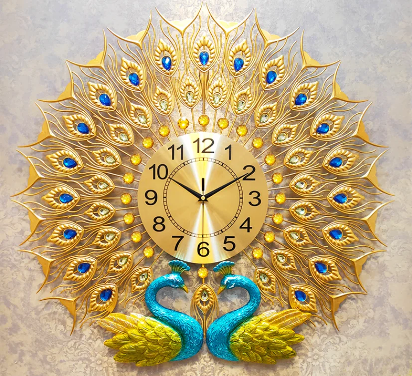 New Fashion Luxury Clock Decor Big 3D Antique Style Resin Peacock Fancy Gold Wall Clocks