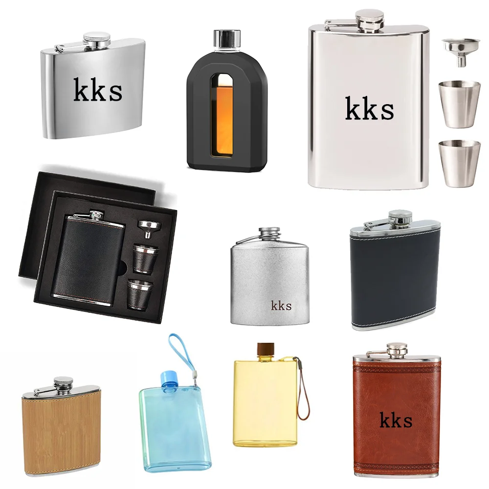High Quality Engraved Custom 6 oz 7 oz 8 oz Vintage Liquor Alcohol Leather Wrapped Hip Flask Gift Set
