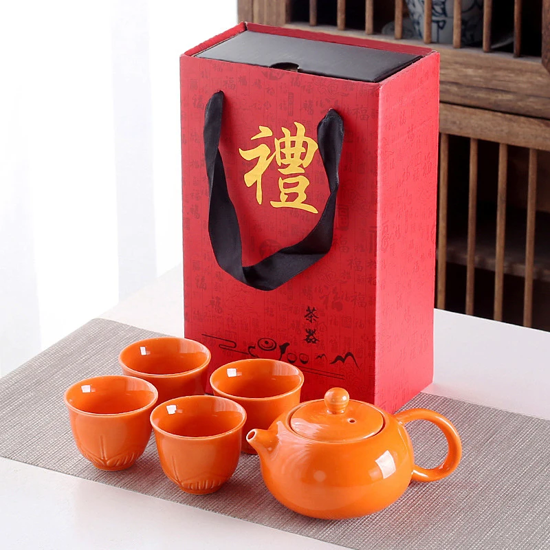 Persimmon Ruyi Tea Set Box Packaging Customized Logo Corrugated Mailing Pit Box Complete Set Pottery Porcelain Gift Drawer Box