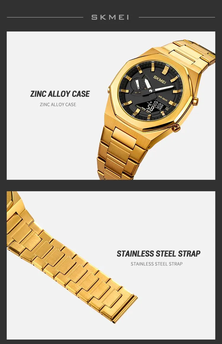 Skmei 1816 Fashion World Man Quartz Watch Costume Stainless Steel Band Double Display Chronograph Character Casual Watch Set