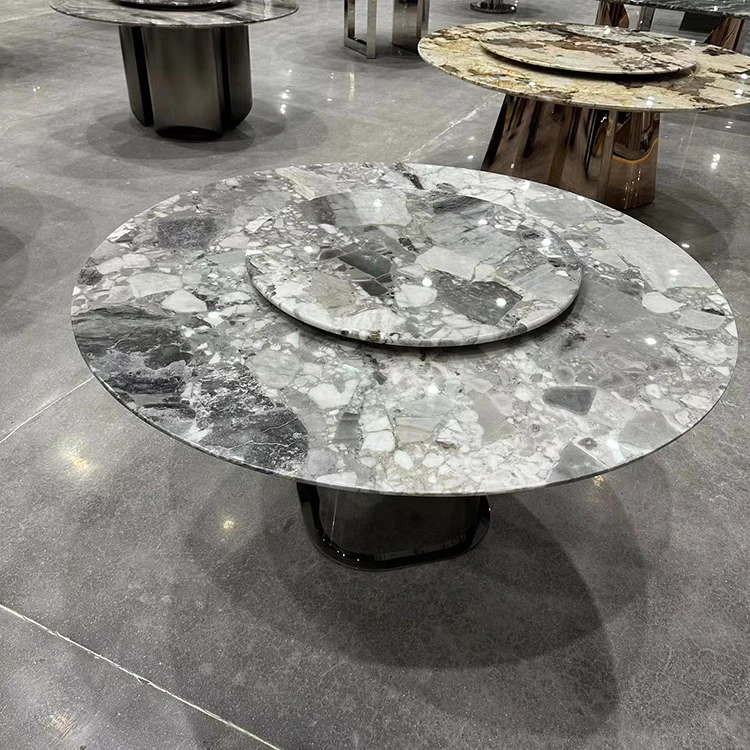 Wholesale Formal Royal Stone Set Design Home Furniture Luxury Grey Marble Tabletop Round Dining Dinning Table for Hotel