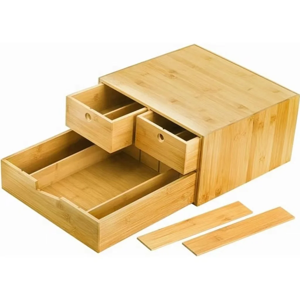 JQ Multi-Functional Bamboo Tea Box Coffee Capsule Holder Tea Bag Organizer Box with Sliding Drawer & Divider