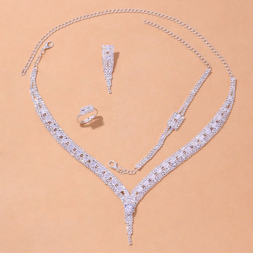 Hot Selling Light Luxury V-shaped Zircon Jewelry Set Wedding Bride Simple  Necklace Bracelet Earrings Ring Jewelry Set for Women