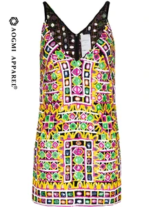 Haute Couture Fashion Lady Sling V-neck Digital Print A-Line Satin Anti-Wrinkle & Eco-Friendly Hip Skirt