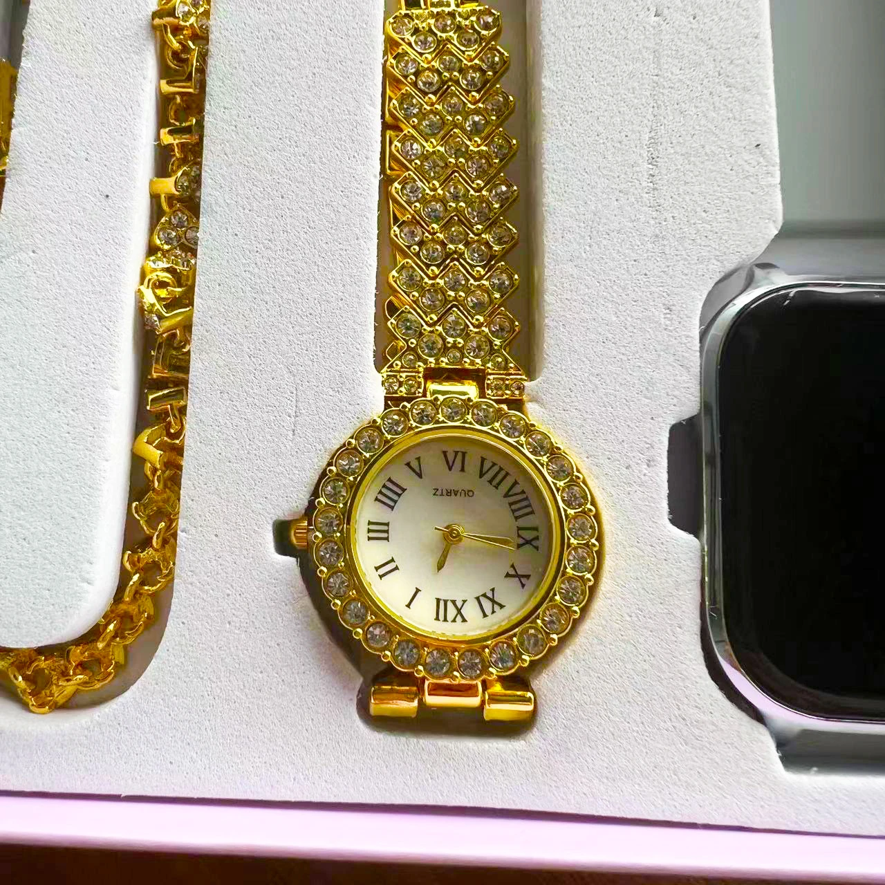 A58 Plus Ladies Gold Smartwatch Unique Double Strap Square TFT Display Gold  Necklace Ring-Women's Unique Combination Accessory