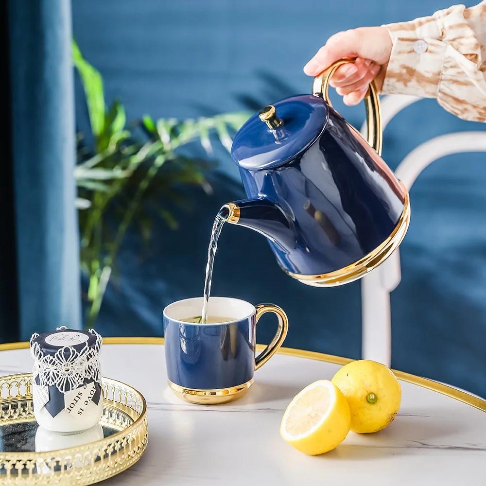 Wholesale Blue Ceramic Tea Set with 6 Cups & Gold Rim, Gift Boxed
