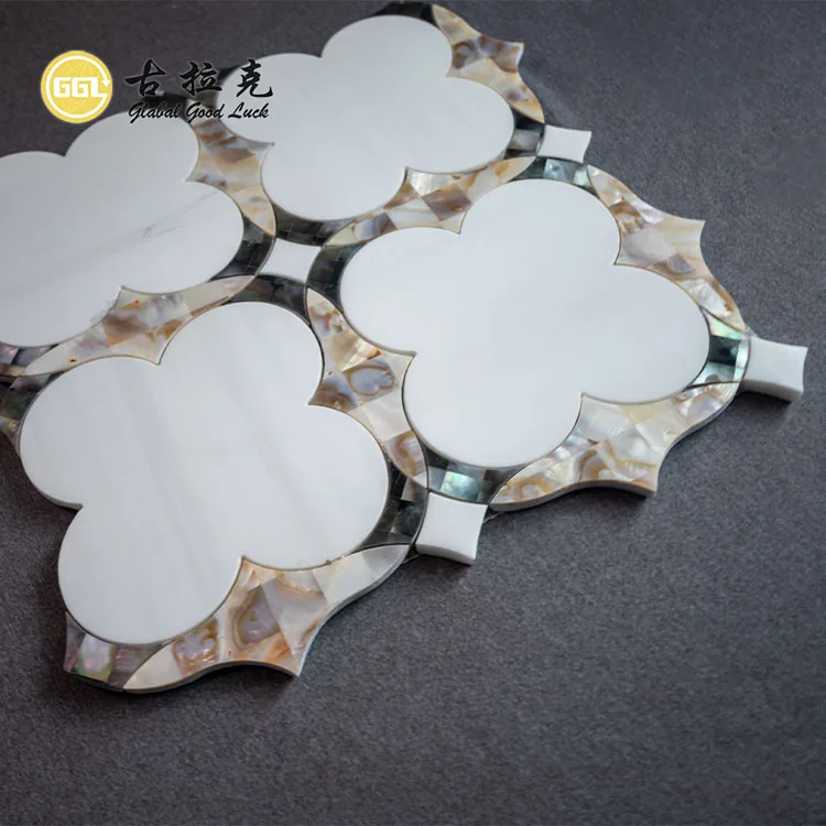 Factory Thassos White Marble Mixed Mother of Pearl Shell Waterjet Mosaic Tile for Kitchen Backsplash Bathroom Decor manufacture