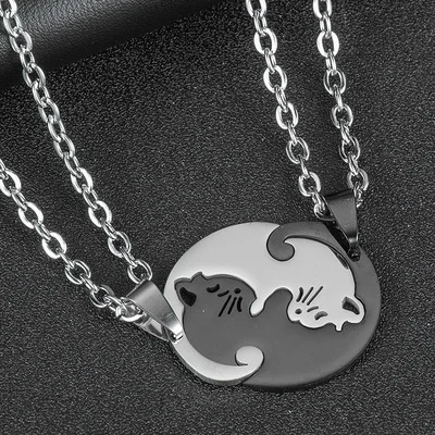 1set Couples Heart Matching Necklace Yin Yang Cat Hug Puzzle Necklace For  His And Hers Lovers Valentines Gifts