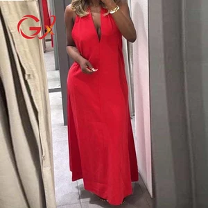 GX9116 Good Quality Fashion Women Clothing Vendor Sleeveless Halter Deep V-neck Loose Maxi Dress Sexy Backless Long Dresses