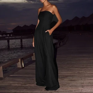Solid Off Shoulder Waist Cinching Pockets Wide Leg Pants Lady Bodysuit Summer Female Outwears Solid Backless Women's Jumpsuit