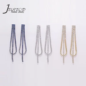 Exquisite Long Geometric Tassel Women Brass Cubic Zirconia Jewelry Drop Earrings for Wedding Bridal Jewelry