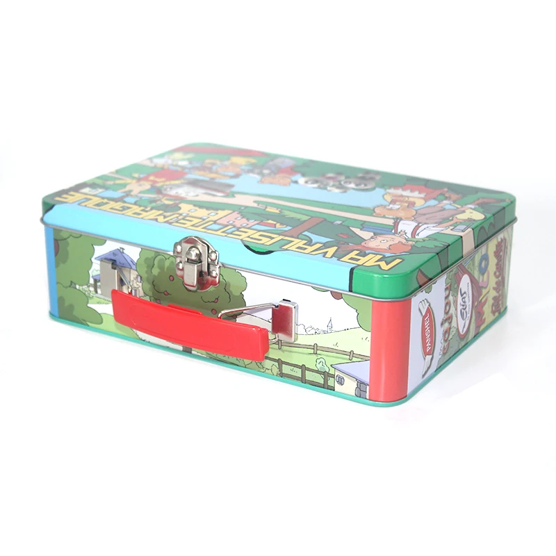 Small Rectangular Hinged Lid Metal Stationery Cosmetics Tin case Beautiful  Lunch Tin Box With Handle for Children