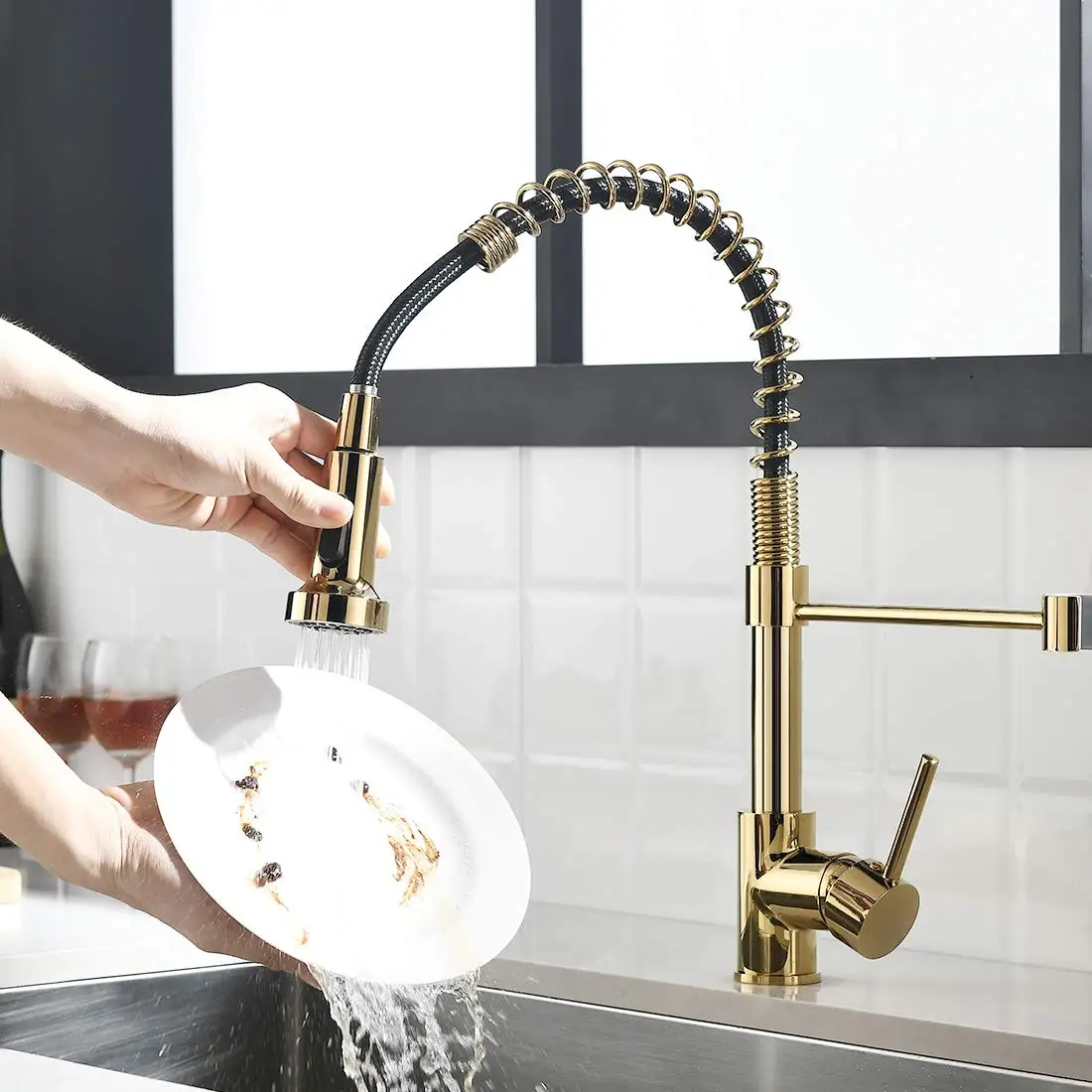 Gold Color Pull Down Sprayer Kitchen Faucet With Single Handle Modern   H80ac0b5488f24dd29694fb8518c4a100q 