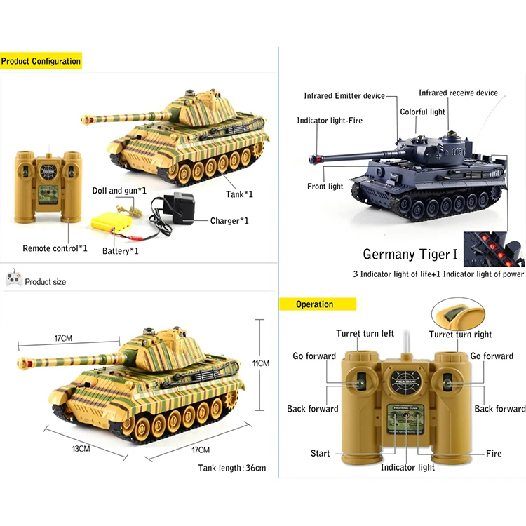 Hot Selling 99806 1/28 Scale 2.4GHz Full Function 9 Channels RC German Tiger Infrared Tank Model Toy With Light and Music