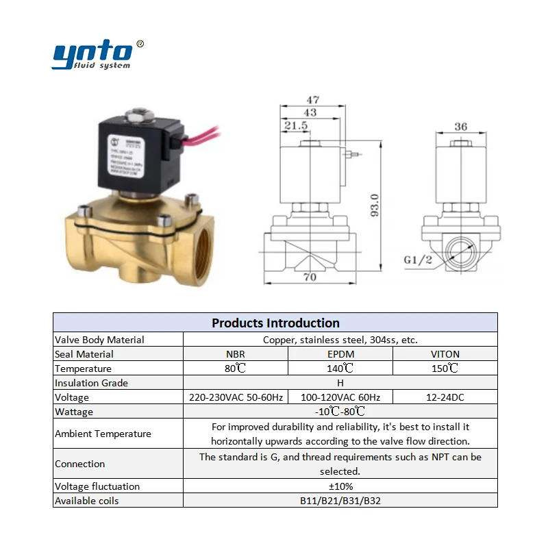 YNTO Compact Direct-acting Gas Stainless Steel Solenoid Valve 22VA 12v 15w 17w Normally Open 12v Solenoid Valve