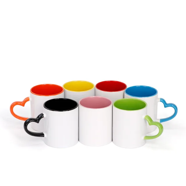 Factory wholesale cup heart handle inside colorful handle can be customized blank coated mug