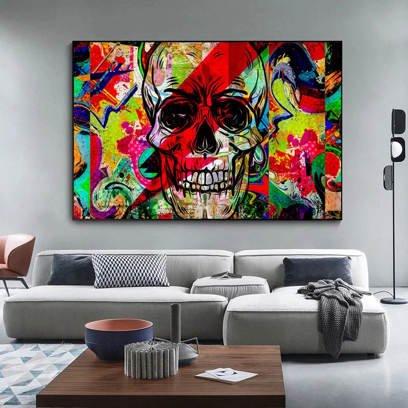 Urban Skull Abstract Picture CANVAS WALL ART Square Print Multi-Coloured 