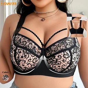 Ultra-Thin Padded Sheer Mesh Plus Size Bra Unique Front Lace & Thin Strap Design Lingerie Lightweight Comfortable Underwear