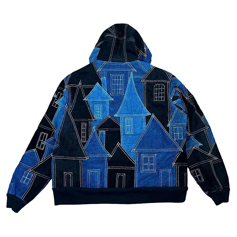 DiZNEW Manufacturer Custom Wholesale Black and Blue Fabric Patchwork House Pattern Plus Size Hoodie Jacket With Zipper For Men supplier