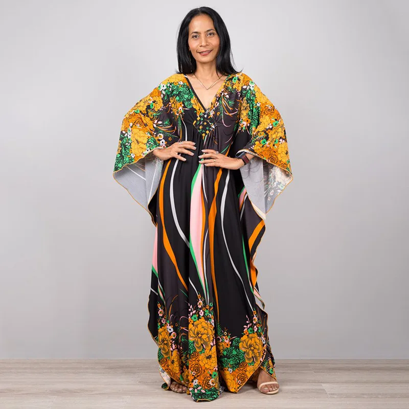 Luxury Women’s Beach Kaftan Cover Up – Colorful Print Maxi Dress with Bat Sleeves