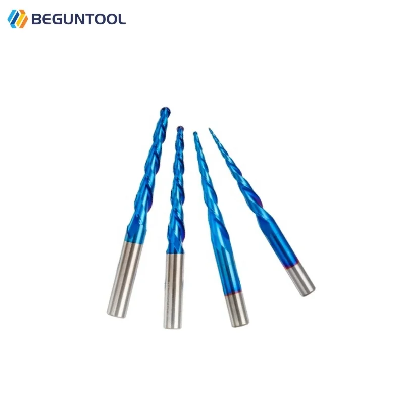Fraise Conique Nez Sphérique R0.25-R2.0 Carbure Tungstène Nano Bleu HRC65 – CNC Gravure Bois Métal