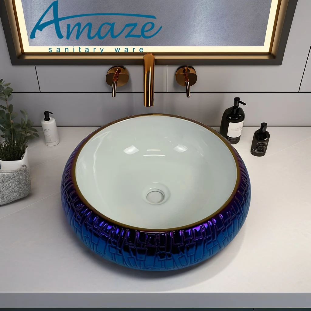 China high quality sanitary ware luxury countertop sink round electroplated blue ceramic art basin home hotel wash basin