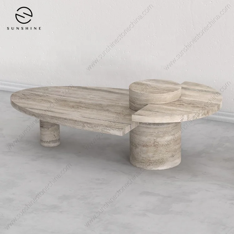 Coffee Table Set Luxury Modern, Contemporary Abstract Style 3 Pieces Fancy Silver Grey Travertine TV Stand Coffee Table