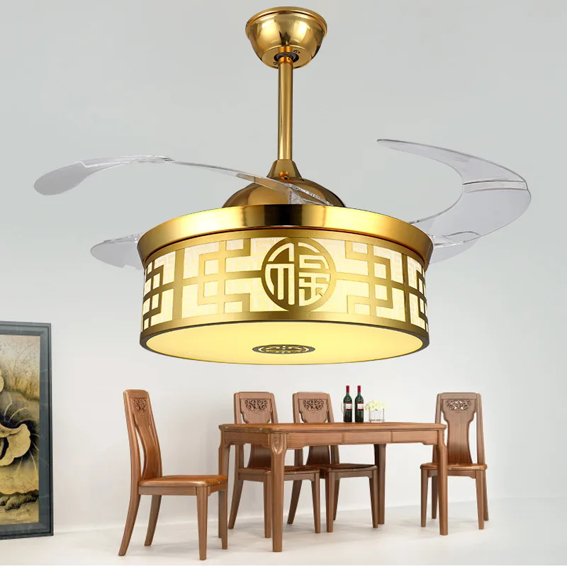 Hot sale hidden blade Metal Acrylic lamp lighting folding ceiling Color stitching led fan