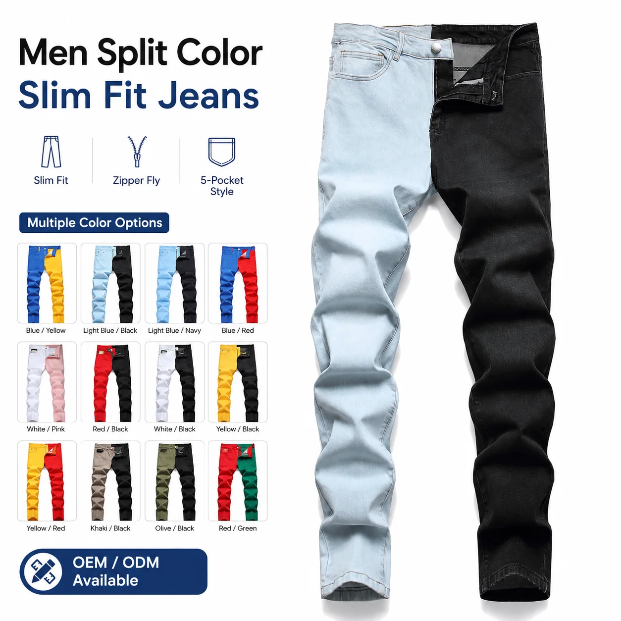 Custom Men's Straight Jeans Pant Plus Size Casual Style Denim with Boys' Color Stitching Zipper Washed Technics