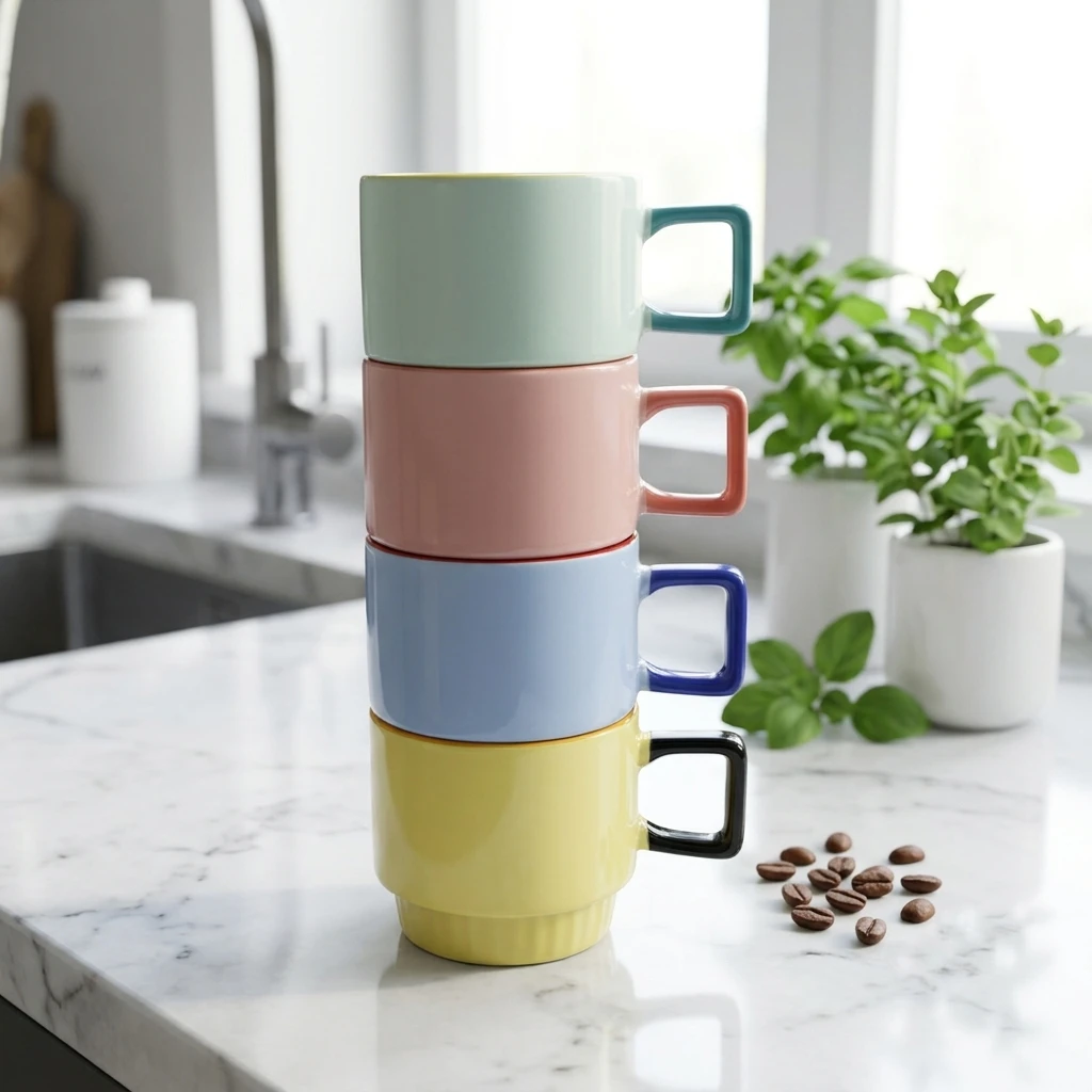 New Design Stackable Reusable Food-Safe Ceramic Tumbler Mugs Square Handle Contrast Color Glaze Customizable Colors Stoneware