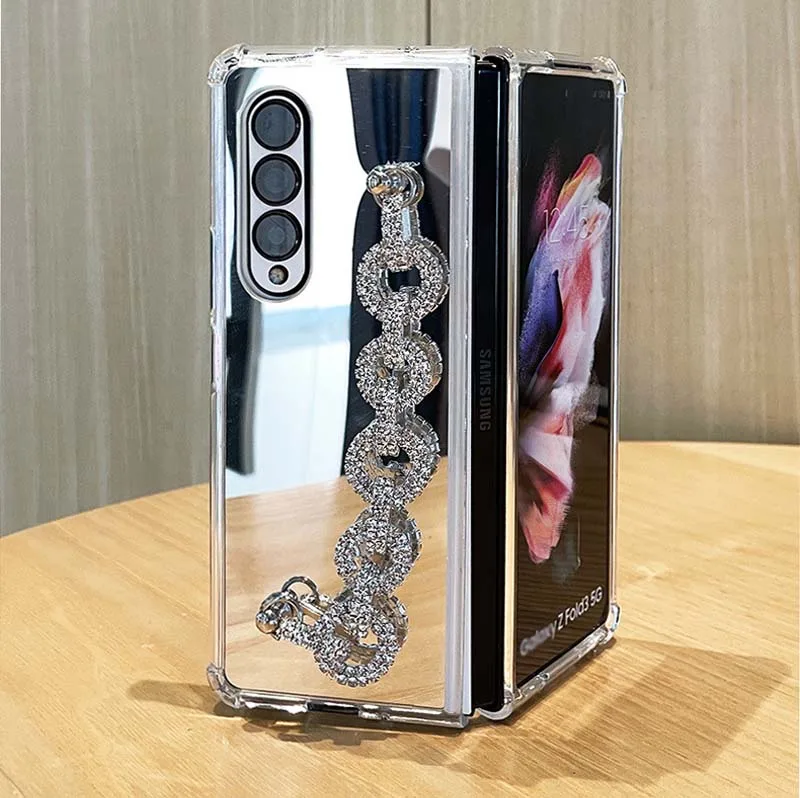 Luxury Electroplating Mirror Design Bling Phone Strap Style Silicone Folding Phone Case for Samsung Galaxy Z Fold 3 4 5 6